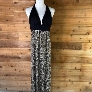 Y2K Leopard print maxi dress with black halter neck and tie back. Size: